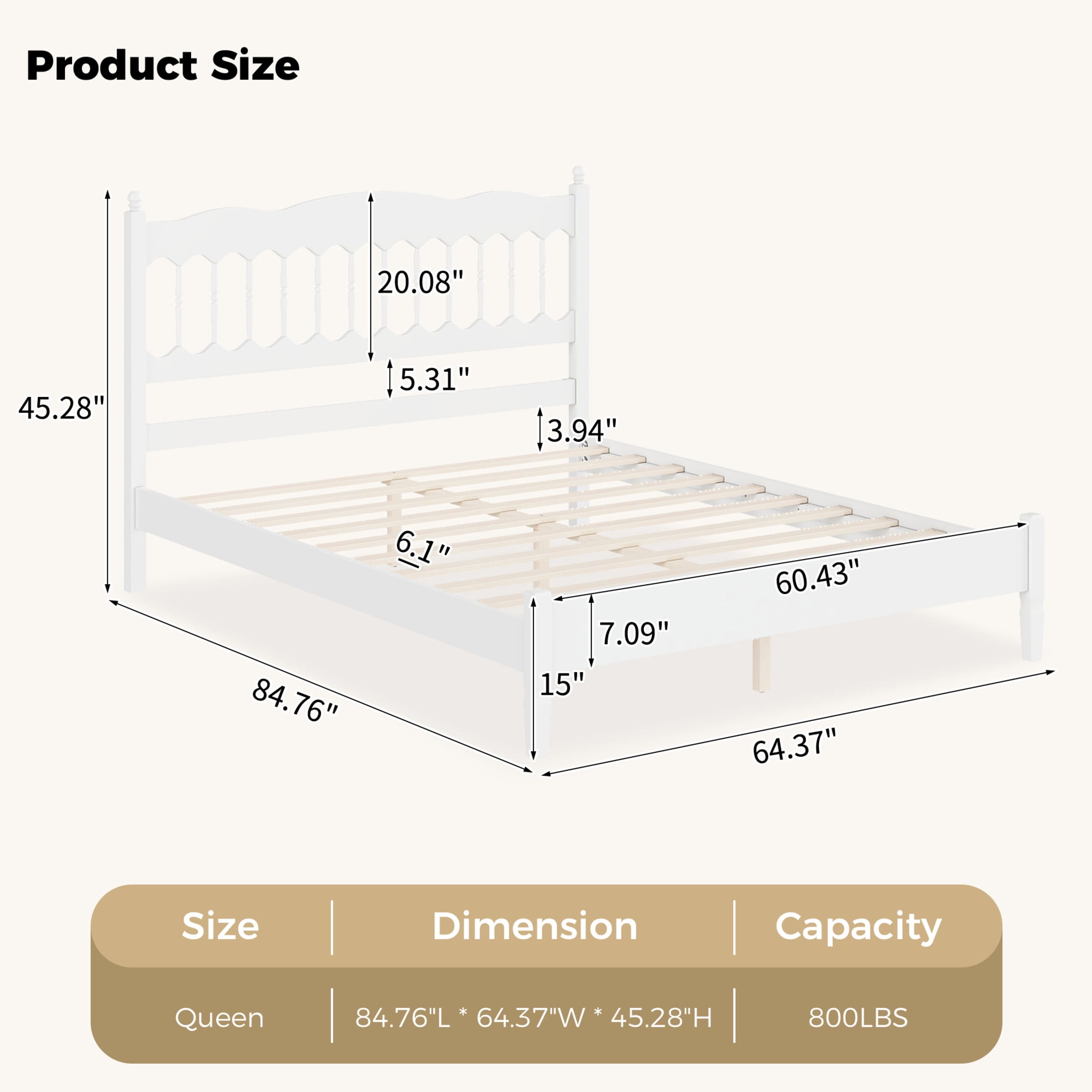 Noble House Onius Countryside Style Queen Size Wooden Bed Frame, Heavy-Duty Platform Bed with Center Support, White