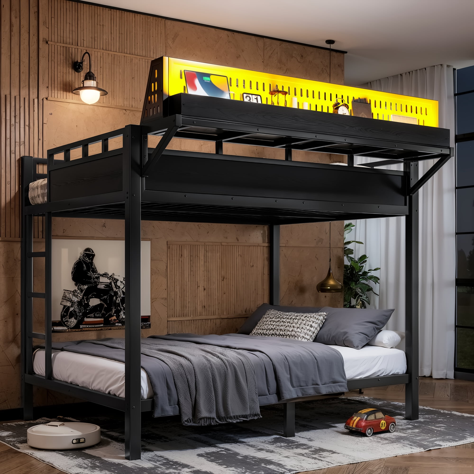 Mintazer Full Over Full Bunk Bed with Storage Shelves and Pegboard, Metal Bunk Bed Frame with LED Lights & Charging Station for Bedroom Guest Room, Black