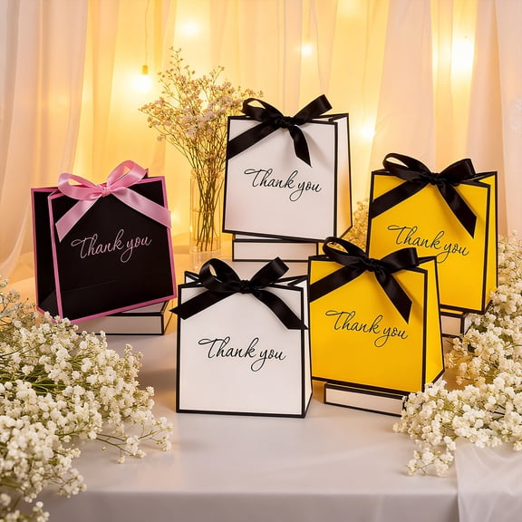 10-Pack Mini Stamping Bow Gift Bags | Paper Handbags with Sturdy Texture Reinforced Bottom | Party Favor Bags for Snacks Small Gifts | 14x14x6 cm | Yellow White Black