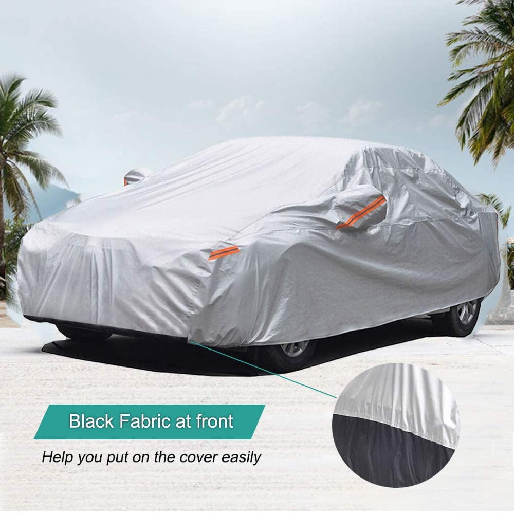Sun Rain Snow Dust UV Protection Length165-178 Inch GUNHYI 4 Layer Car Cover Waterproof All Weather For Automobiles Outdoor Indoor Fit Sedan With Cotton and Mirror Pocket 