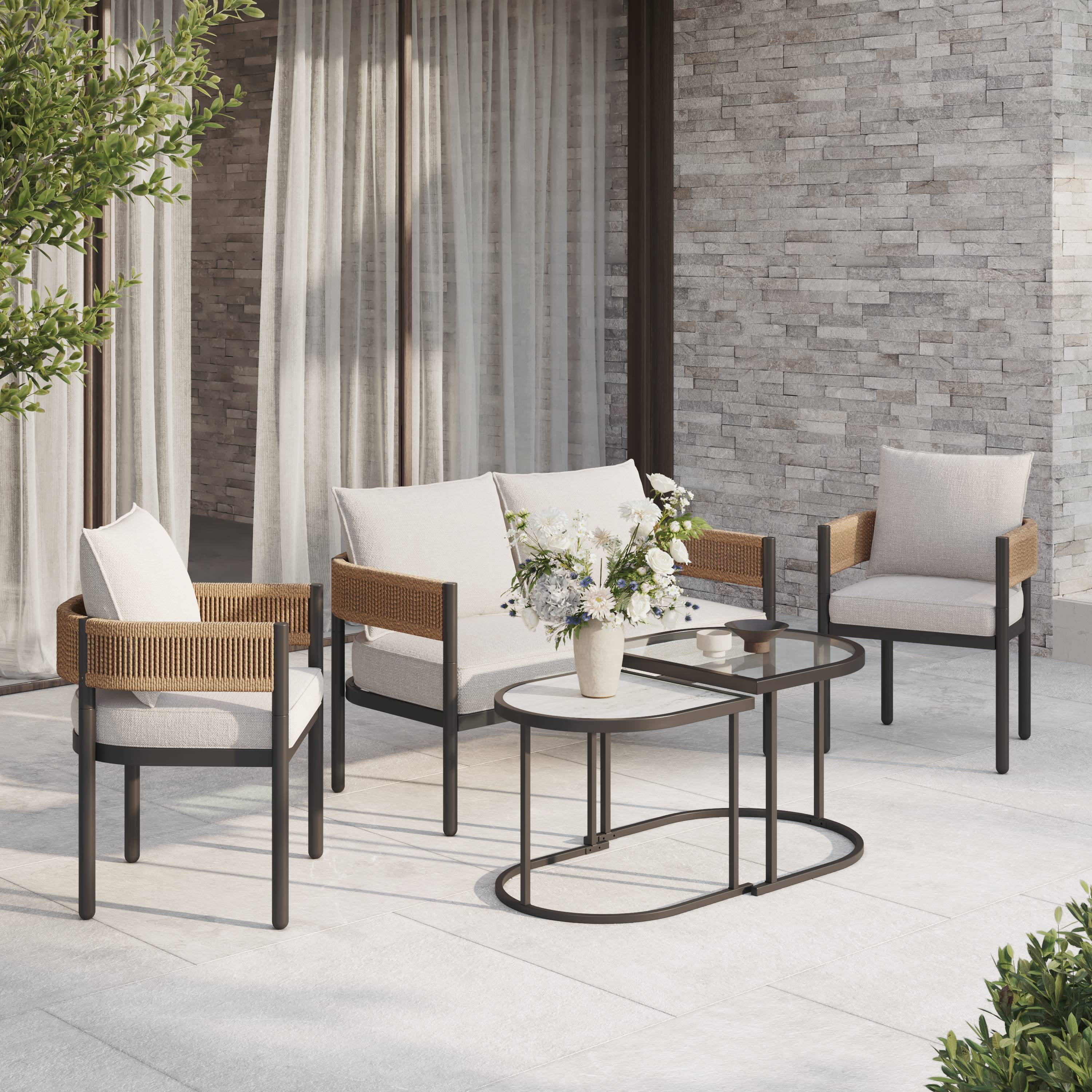 GRANDPATIO Woven Wicker 5-Piece Steel Outdoor Conversation Sets with Cushion, Khaki Wicker & Beige Cushion