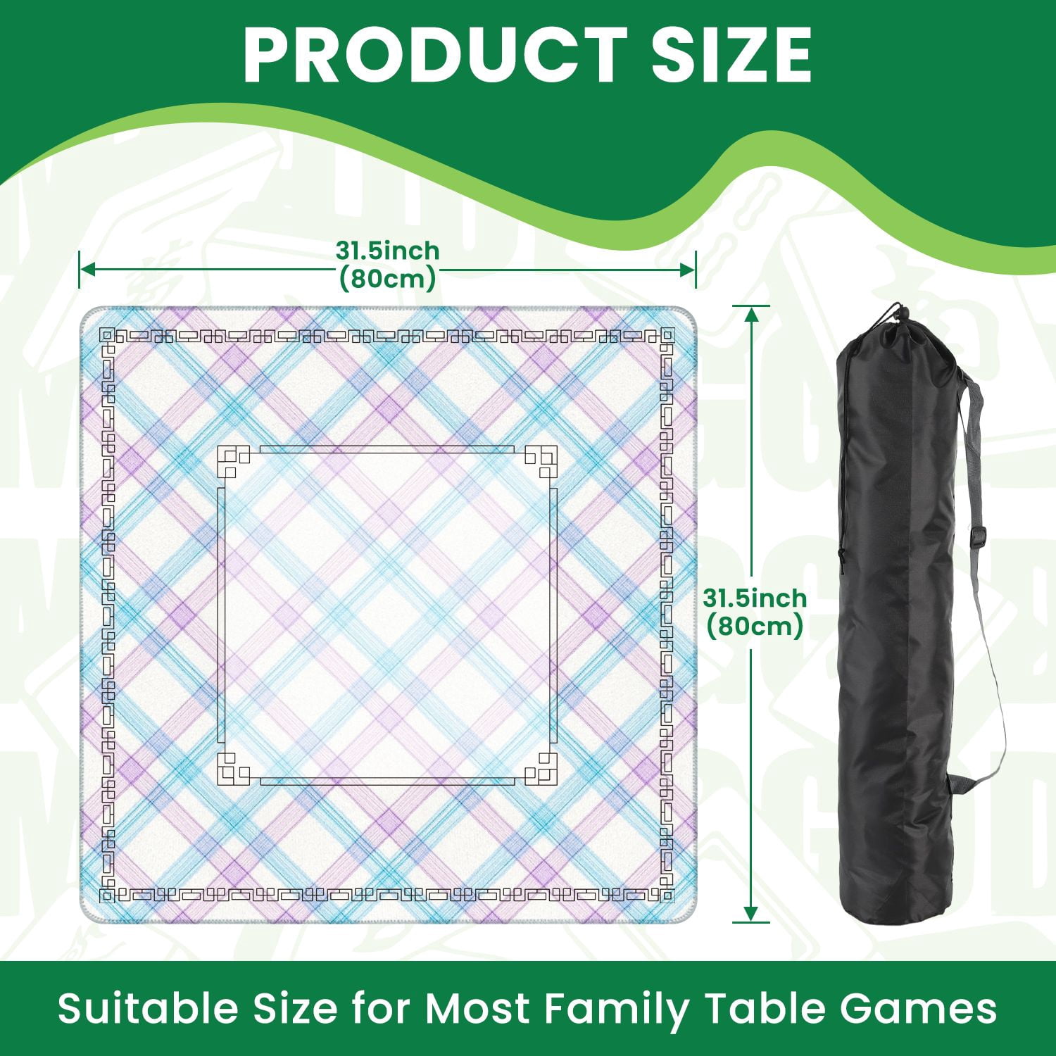Mahjong Mat 31.5" x 31.5" Soft Blue Purple Plaid Diagonal Stripes White Non-Slip Noise Reduction American Mahjong Tiles Table Cover for Dominoes Poker Card Board Games Gift