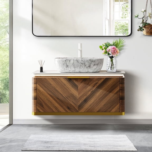 36" Bathroom Vanity with Sensor Light, Floating Plywood Bathroom Vanity & Sintered Stone Top - Bathroom Vanity with Sinks, Ceramic Vessel Basins Bathroom Sink - Dark Walnut Wood Grain Drawers Vanity