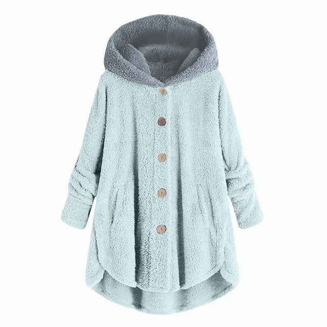 Womens Cardigan Plus Size Button Plush Tops Hooded Loose Cardigan Wool Coat Winter Jacket Navy Xl
