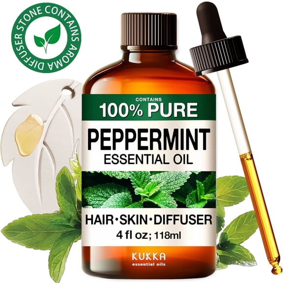 Kukka Peppermint Essential Oil with Aromatherapy Stone - 100% Pure Crisp Mint Scent for Diffuser, Hair Care, Skincare, DIY & Home Freshness - 4 fl oz