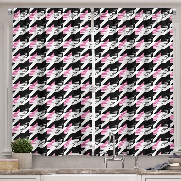 Ambesonne Geometric Kitchen Curtains, Modern Houndstooth Motifs, 55"x45", Black Pink White