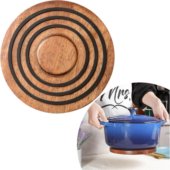 ABPETE Magnetic Wooden Trivet  Dutch Oven, Acacia Wood with Black Silicone Rings, Magnetic Pot Holder Stand Pad,Wood Trivet