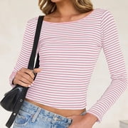 BSDJILFG Womens Striped Shirts Y2K Juniors Crop Top Long Sleeve Open Back Crewneck Fall Spring Lounge Tops 2026