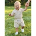 thumbnail image 5 of BemeyourBBs Newborn Baby Boy Summer Clothes Cute Infant Baby Boys 2 Pieces Outfit Short Sleeve Lapel Neck Striped Print Romper and Elastic Waist Pockets Shorts Set, 5 of 9