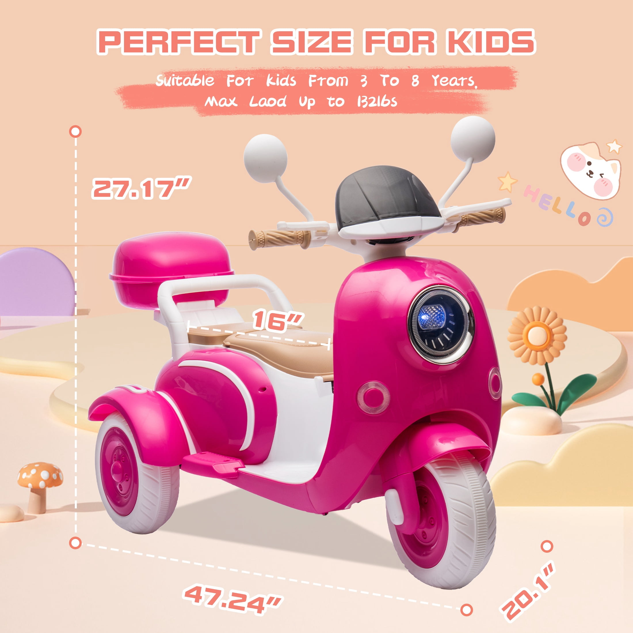 Dvsripa 12V Electric Kids Motorcycle,2 Seater Ride on 3 Wheel Scooter,Multi-function player,USB,Bluetooth,light,Backseat flip adult seat,Oversized Storage Box for kids Aged 3-6,Rose Red