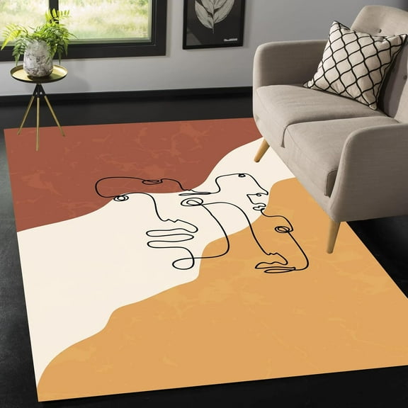 Rust Red Brown Minimalist Abstract Face Lines Area Rug Boho Chic Mid Century Rug For Livingroom Bedroom Washable Carpet Under Dining Coffee Table Indoor Floor Carpet Runner 5x6ft