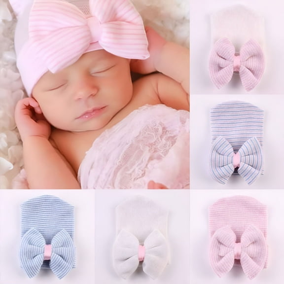 TELOLY Newborn Baby Girl Infant Colorful Striped Bow Cap Hospital Warm Soft Beanie Hat