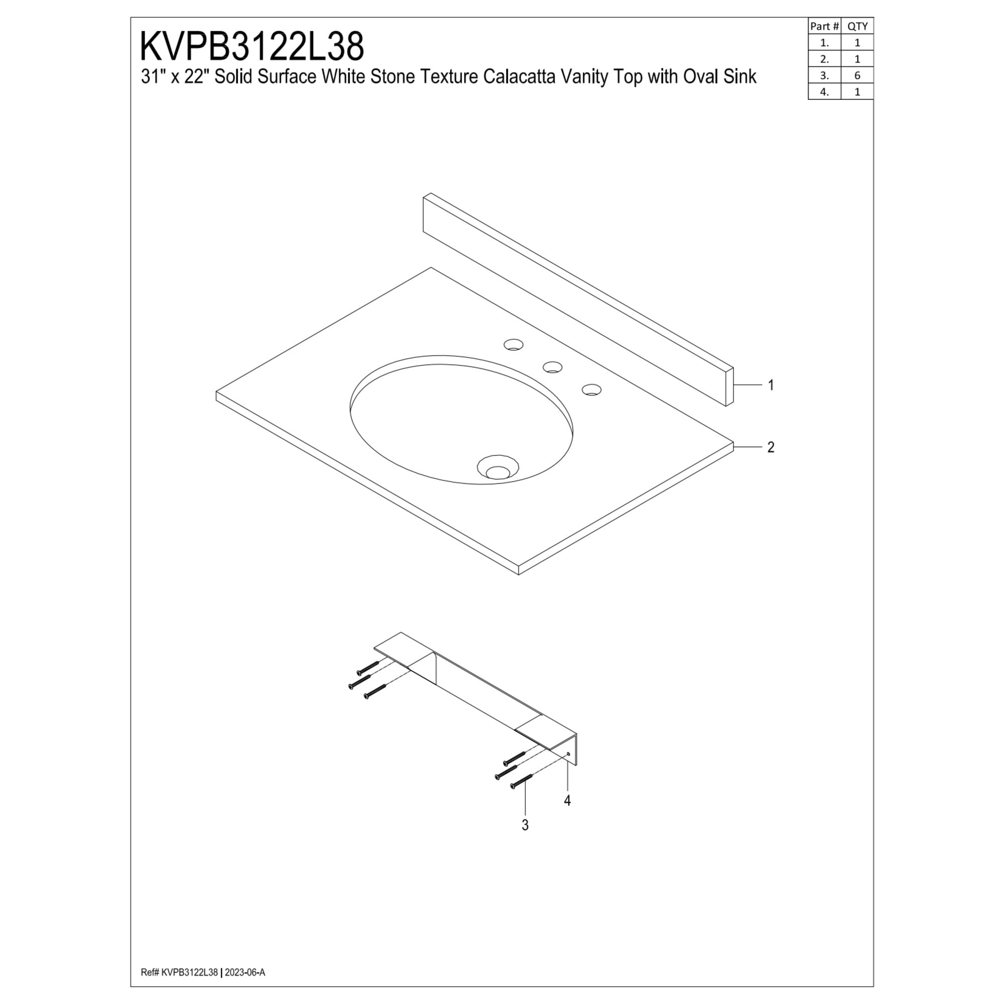 Kingston Brass KVPB3122L38 Norbiton 31" x 22" Solid Surface Vanity Top with Oval Sink (8" Faucet Drillings), Calacatta Marble Glossy White