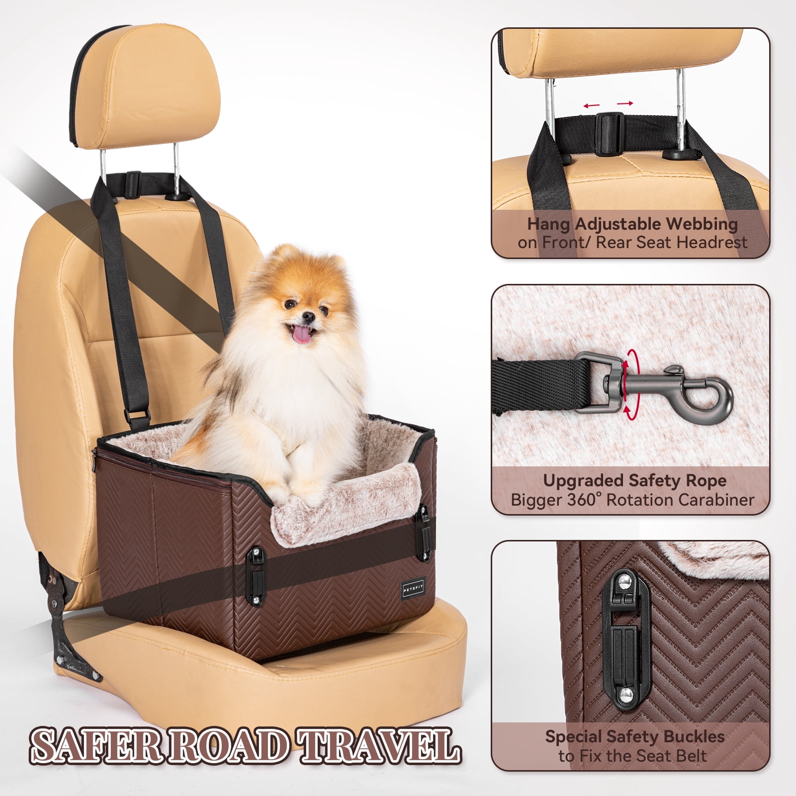 PETSFIT Car Seat for Dogs, Waterproof PU Leather Dog Car Seat for Small Dogs with Patent Safe Buckles, Clip-On Leash, Pet Travel Carrier Bed for Small Pets Up to 25lbs ，Brown