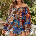 thumbnail image 3 of Summer Savings Clearance LINGLANG Womens Tops Summer 2025 Summer Off Shoulder Shirt Floral Print Casual Long Sleeve Off Shoulder V Neck Retro Ethnic Loose Blouse T Shirts, 3 of 6