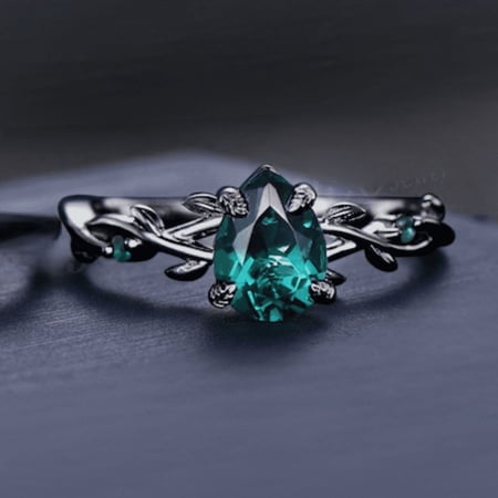 Gothic Black Gold Pear Emerald Engagement Ring Vintage Promise Ring Leaf Art Deco Ring Unique Gemstone Handmade Jewelry Gifts For Women