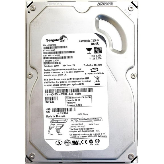 HDD 80GB, BARRACUDA 7200.9 ST3808110AS P/N: 9BD131-033 FW: 3.ADH, CN-0DC334-21232-64T REV.A00