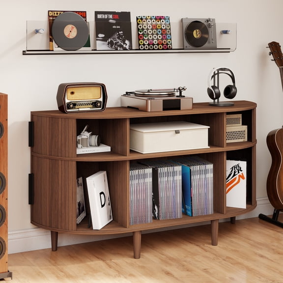 Wirrytor 55" Large Curved Record Player Stand with Charging Station and USB Ports, Mid-Century Modern Turntable Stand for Vinyl Storage, Walnut