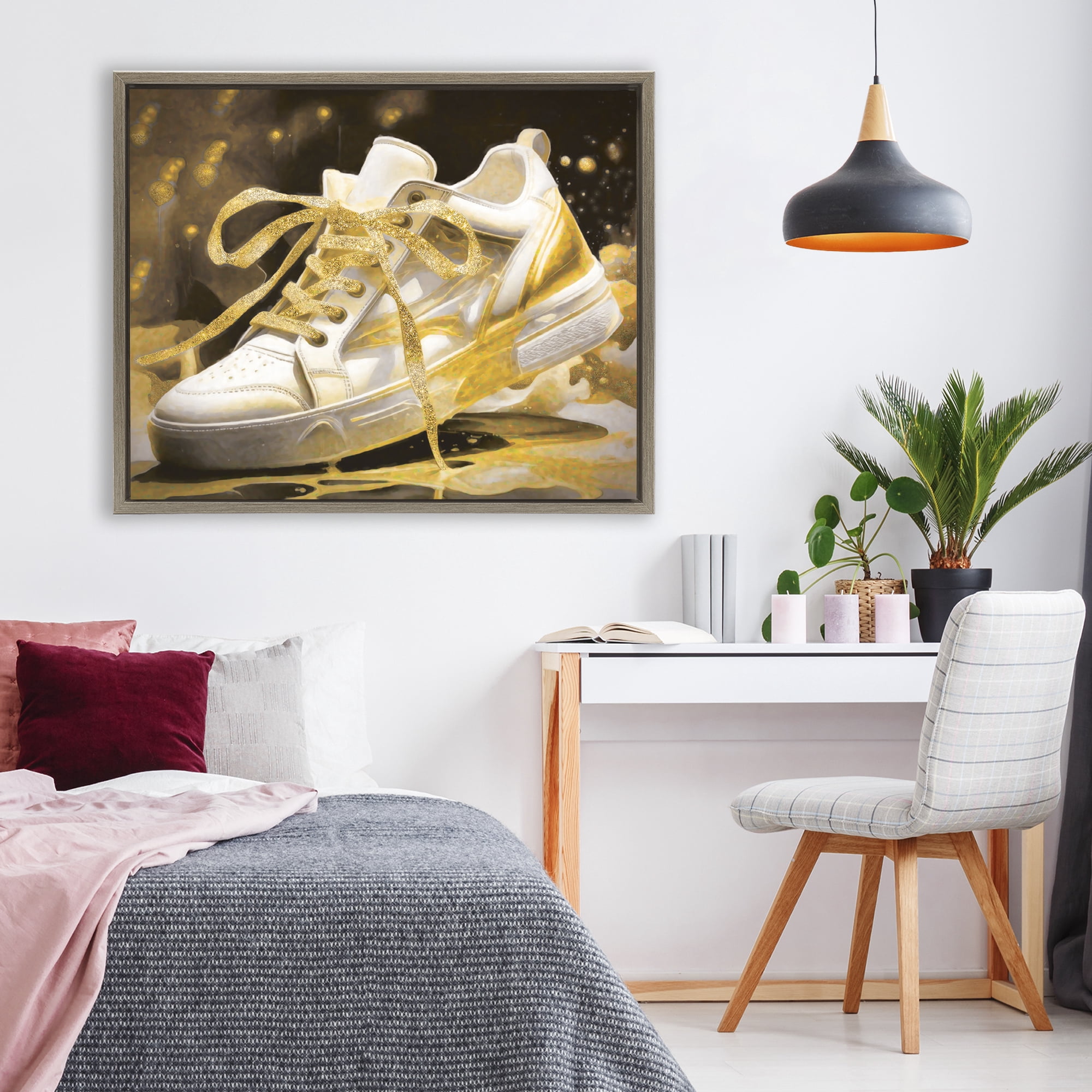 Stupell Industries Splashy Gold Sneaker Brown Framed Floater Canvas Wall Art, design by Grotto Studios