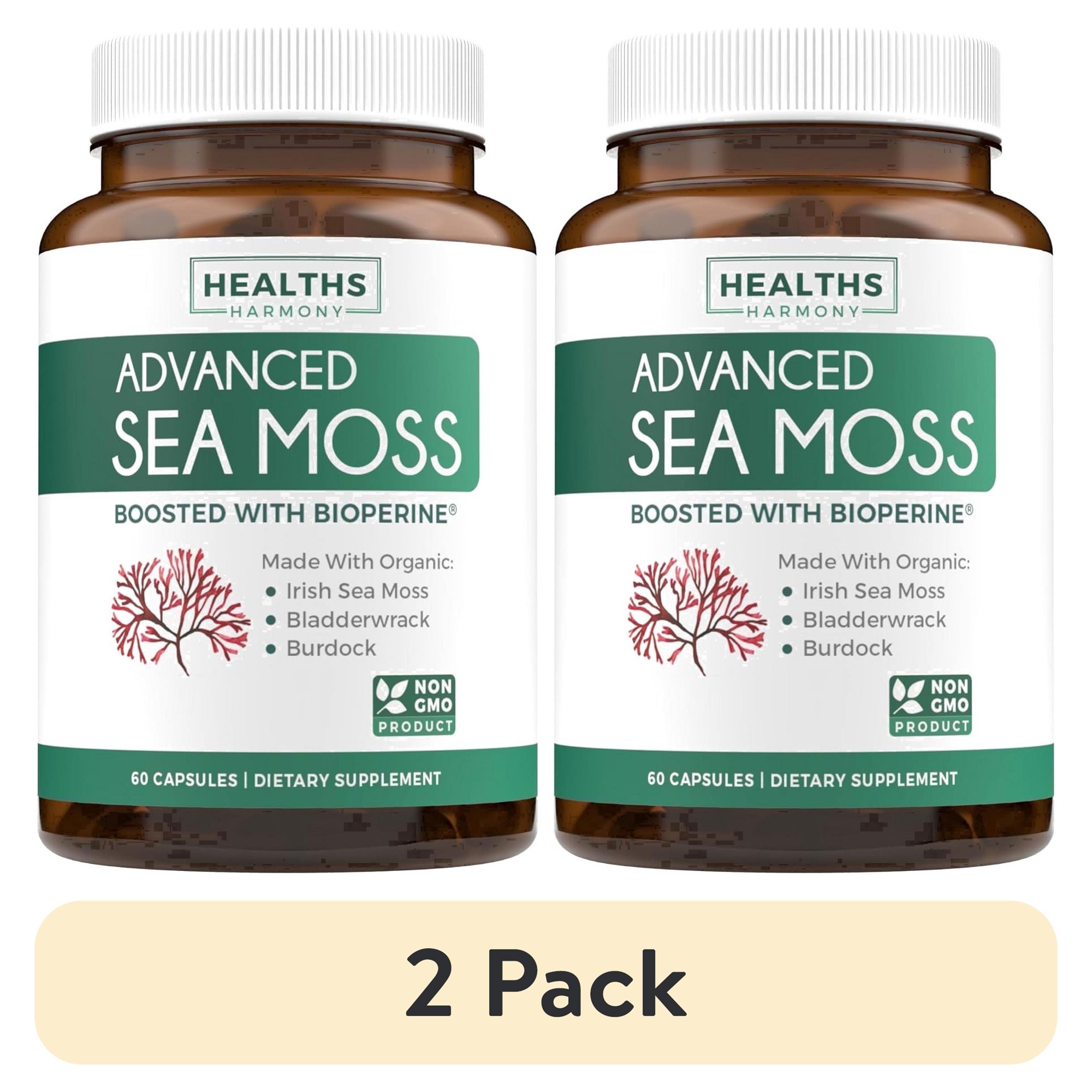 (2 pack) Healths Harmony Advanced Irish Sea Moss with Bladderwrack, Burdock Root, and Black Pepper, 60 Caps