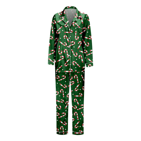 Bjutir Family Pajamas Matching Sets Womens Xmas Pajamas Silk Satin Print Lapel Long Sleeve Sleepwear Casual Fashion Winter Nightwear Outfit,Green,Size Xxl