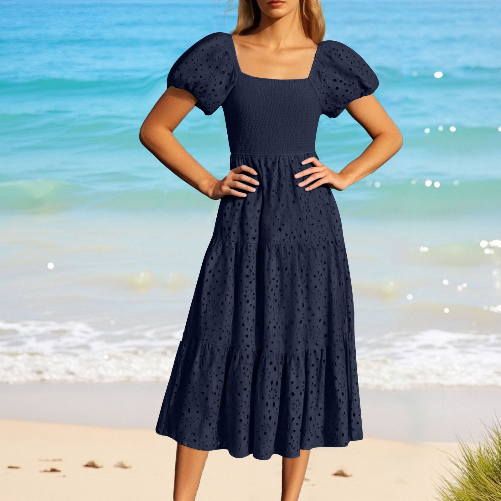 GaThRRgYP Concert Ready Round Neck Dress-Music Festival Essential,Women's Casual Printed Pleated Elastic Waist Sleeveless V-Neck Dress Navy XXL