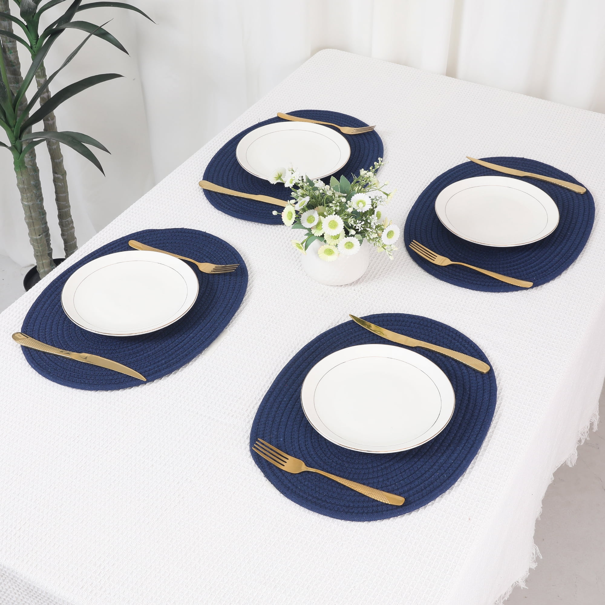 Unique Bargains Set of 4 Cotton Rope Placemats for Dining Table Decor Table Mat Navy Blue