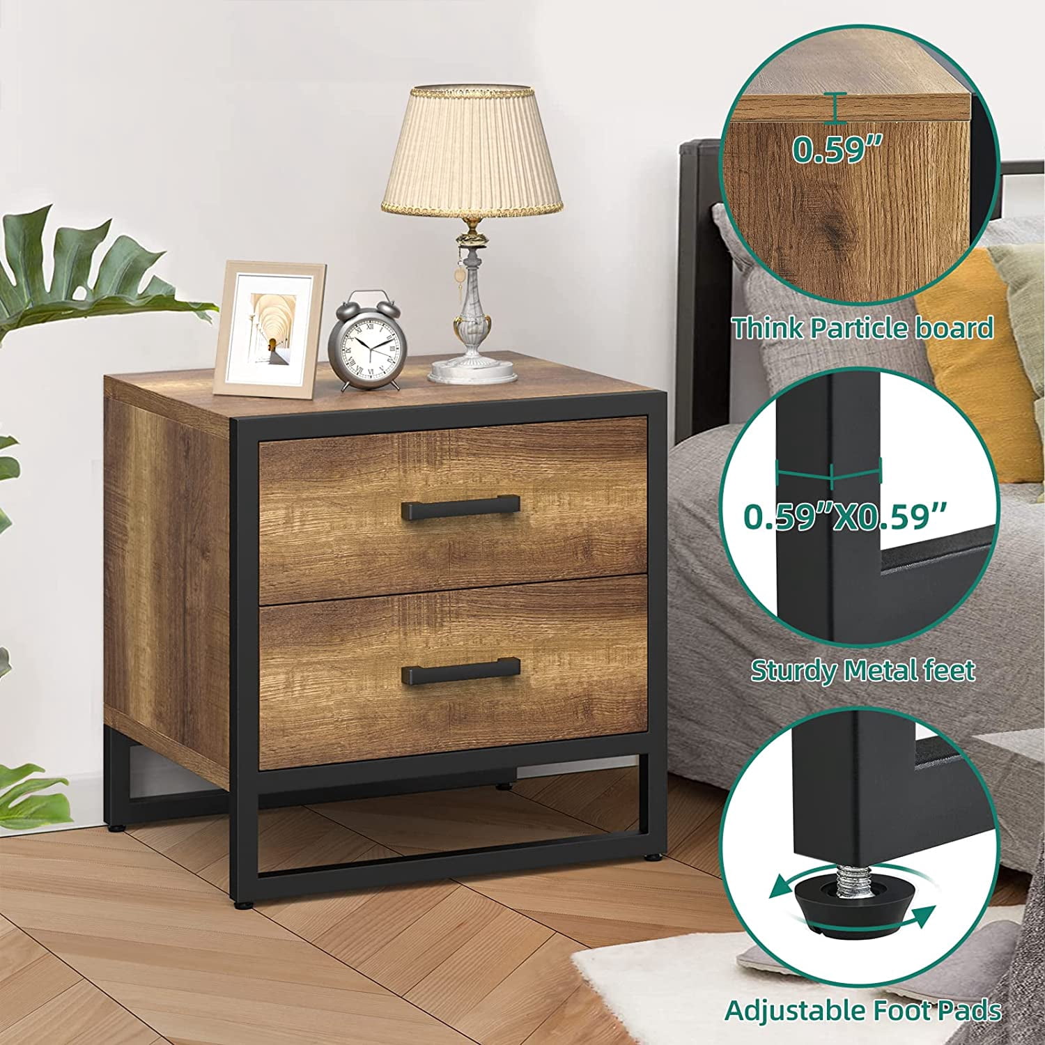 Dextrus Modern Nightstand End Side Table with 2 Drawers and Metal Frame for Bedroom Living Room, Brown and Black