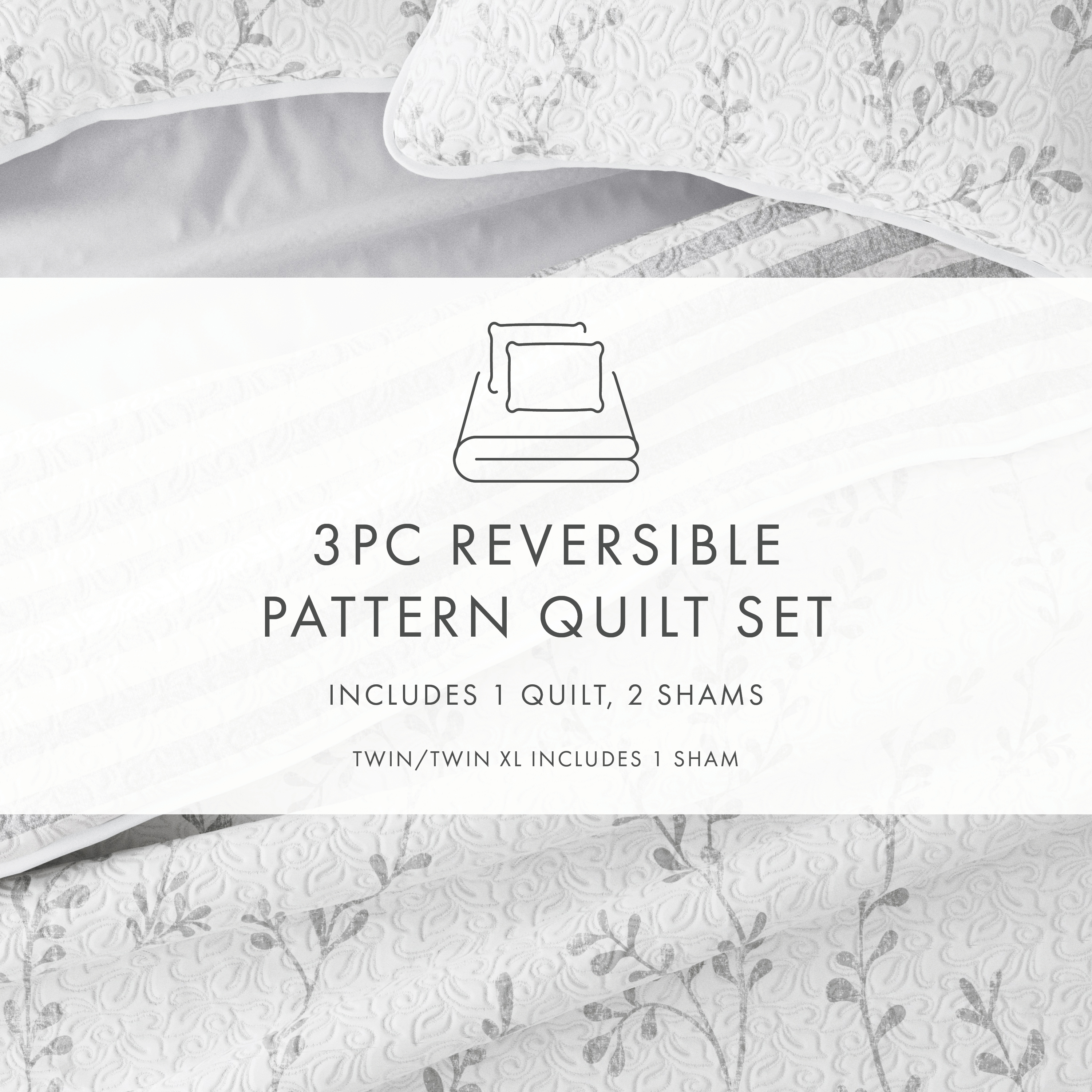 Noble Linens Light Gray 3 Piece Sprouting Vines Stripe Reversible Microfiber Quilt Set, King / CalKing