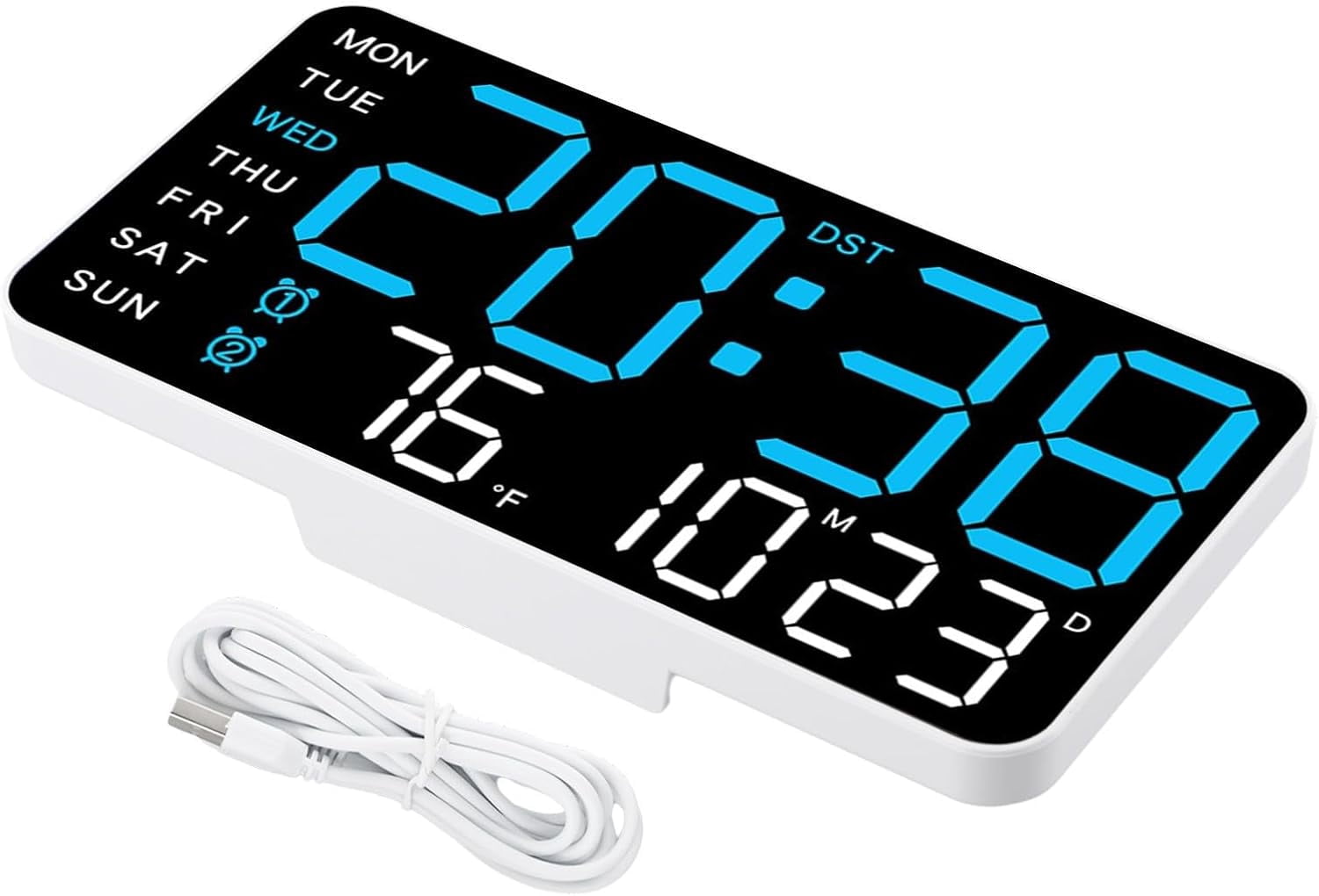 Digital Wall Clock Temperature Display Electronic Desk Clock with Date Week Calendar Voice Control 5 Brightness Levels LED Screen USB Powered Battery Operated