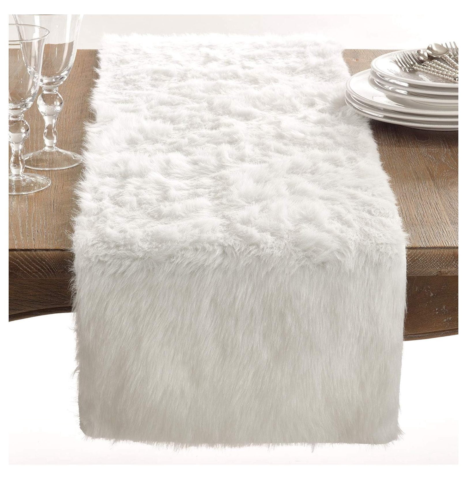 White Faux Fur Table Runner 15x120 inch - Soft Plush Table Cover for Dining Room, Holiday, Banquets - Juneau Collection Solid Color Decor
