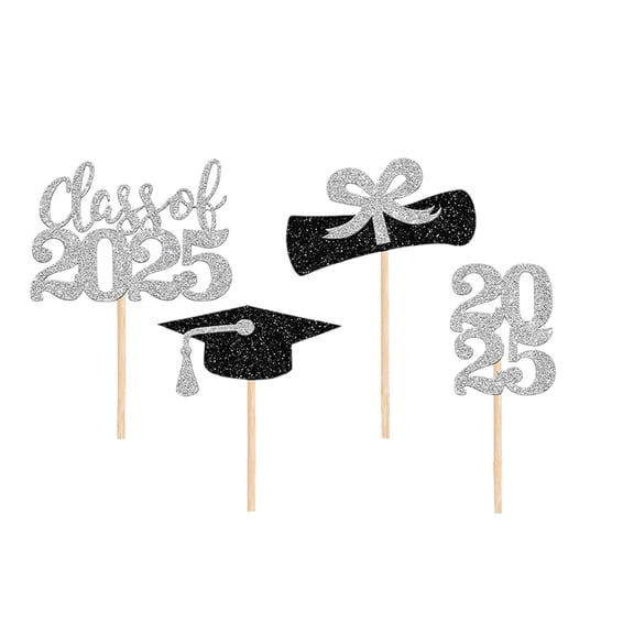 2025 Graduation Party Decorations - Graduation Season Small Cake Decorations - Card Slot Inserts for Cupcake toppers - Wood& Paper Graduation Design Cake Decorations,Silver,4PCS