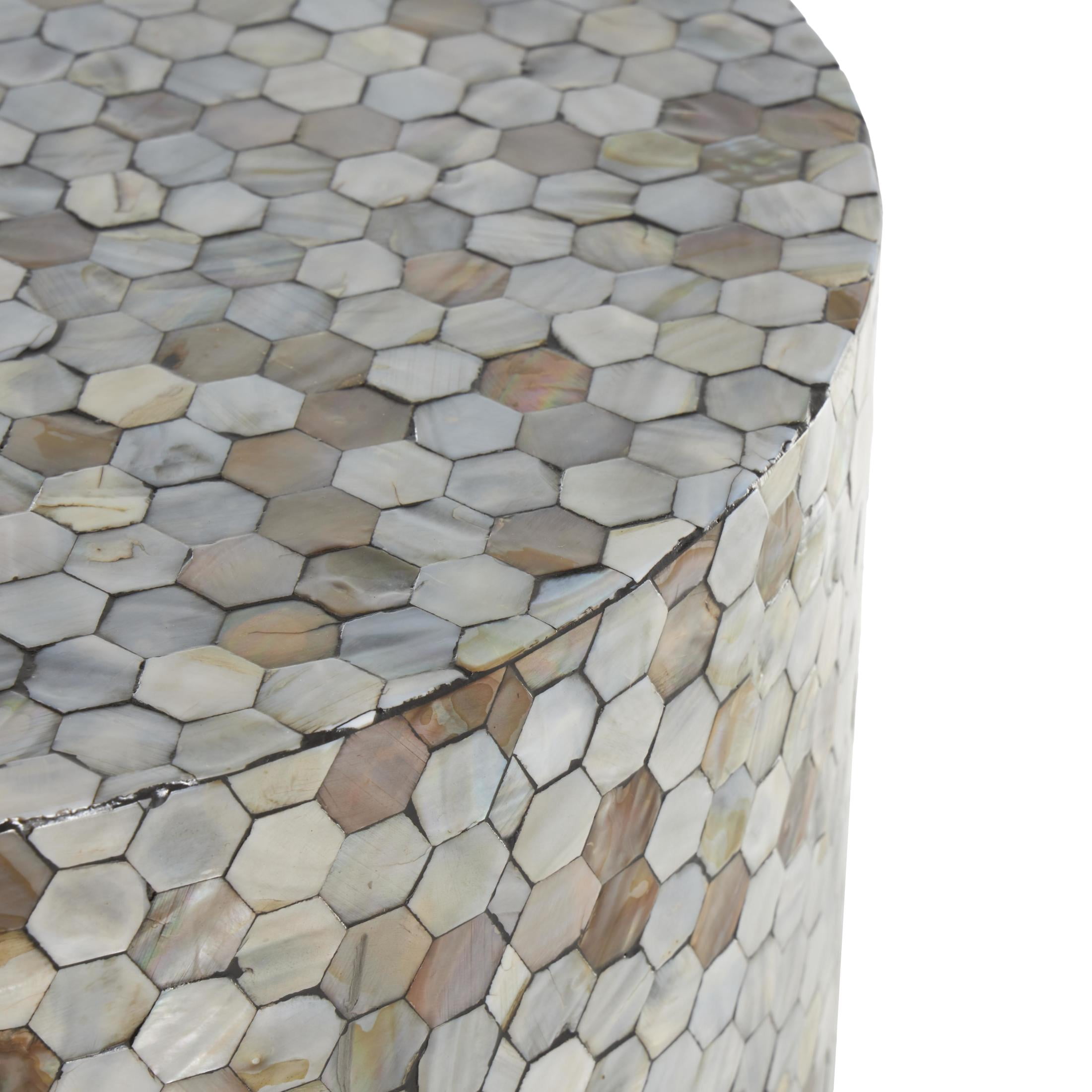 DecMode 18" x 22" Multi Colored Mother of Pearl Shell Handmade Hexagon Mosaic Inlay Abstract Accent Table with Black Metal Legs, 1-Piece