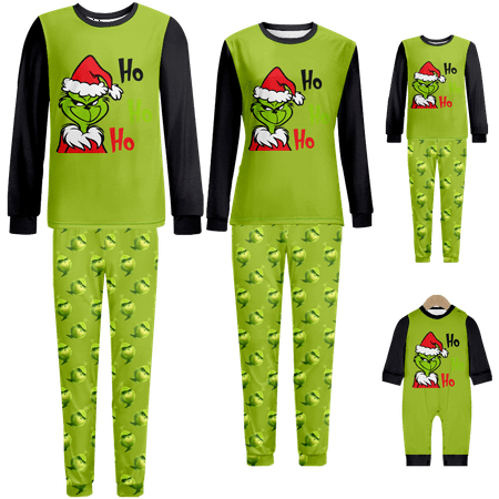 

Holiday Family Matching Christmas Pajamas Set Merry Christmas Claus Cartoon Green Print Baby-Kids-Adult-Pet Size 2 Pieces Top and Pants Bodysuits Xmas Pjs Set