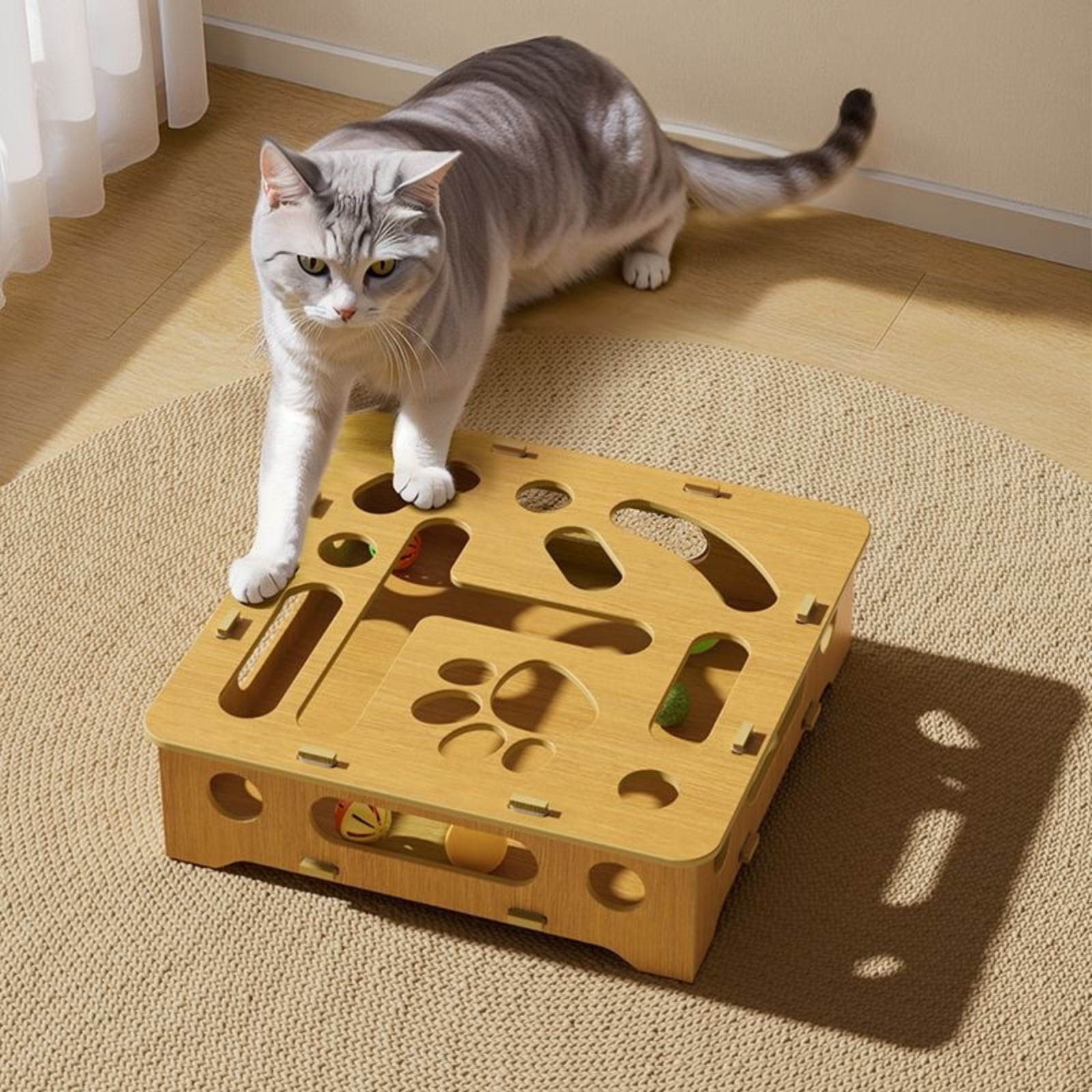 Interactive Cat Toy - Scratch Puzzle Enrichment Box with Bells, Stress Relief for Cats, Interactive Puzzle Game for Indoor Cats (1 Maze Box + 2 Bell Balls)