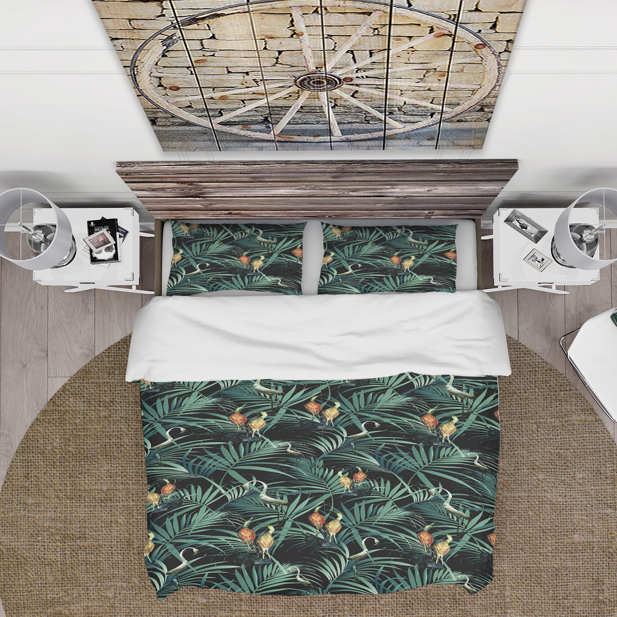 Designart 'Tropical Yellow Birds On Black Background With Green Jungle Leaves' Abstract Duvet Cover Set