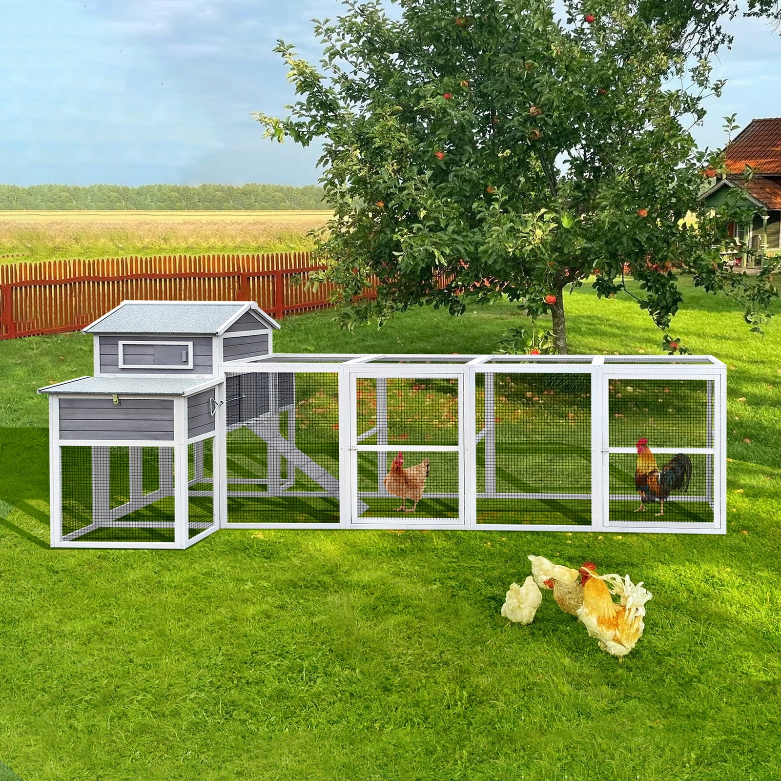 MAYEERTY 150'' Extra Large Wooden Chicken Coop, 2 Nesting Boxes 5 Perches Rust-Proof Metal Wire Cage