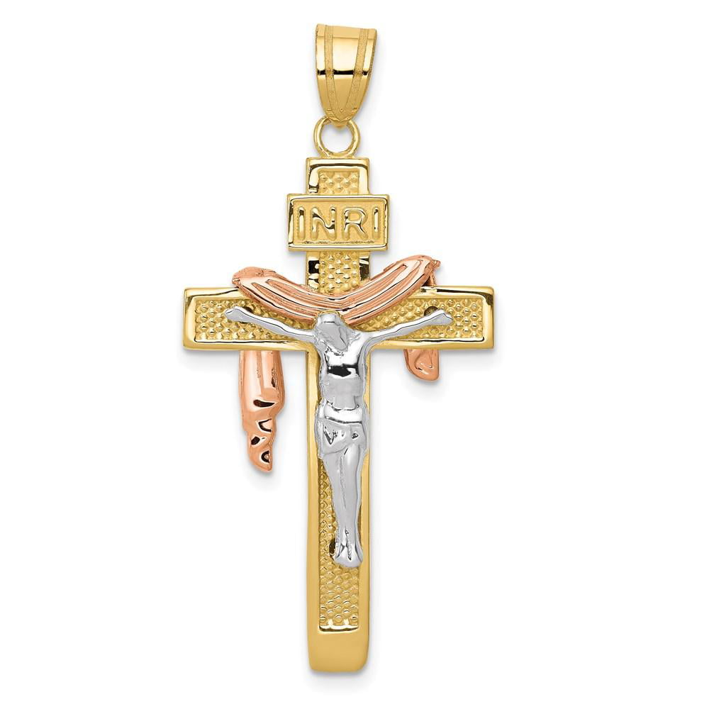Budded Jesus Cross Pendant Solid 14k Yellow White Gold Crucifix Charm Two Tone 29 x 23 mm