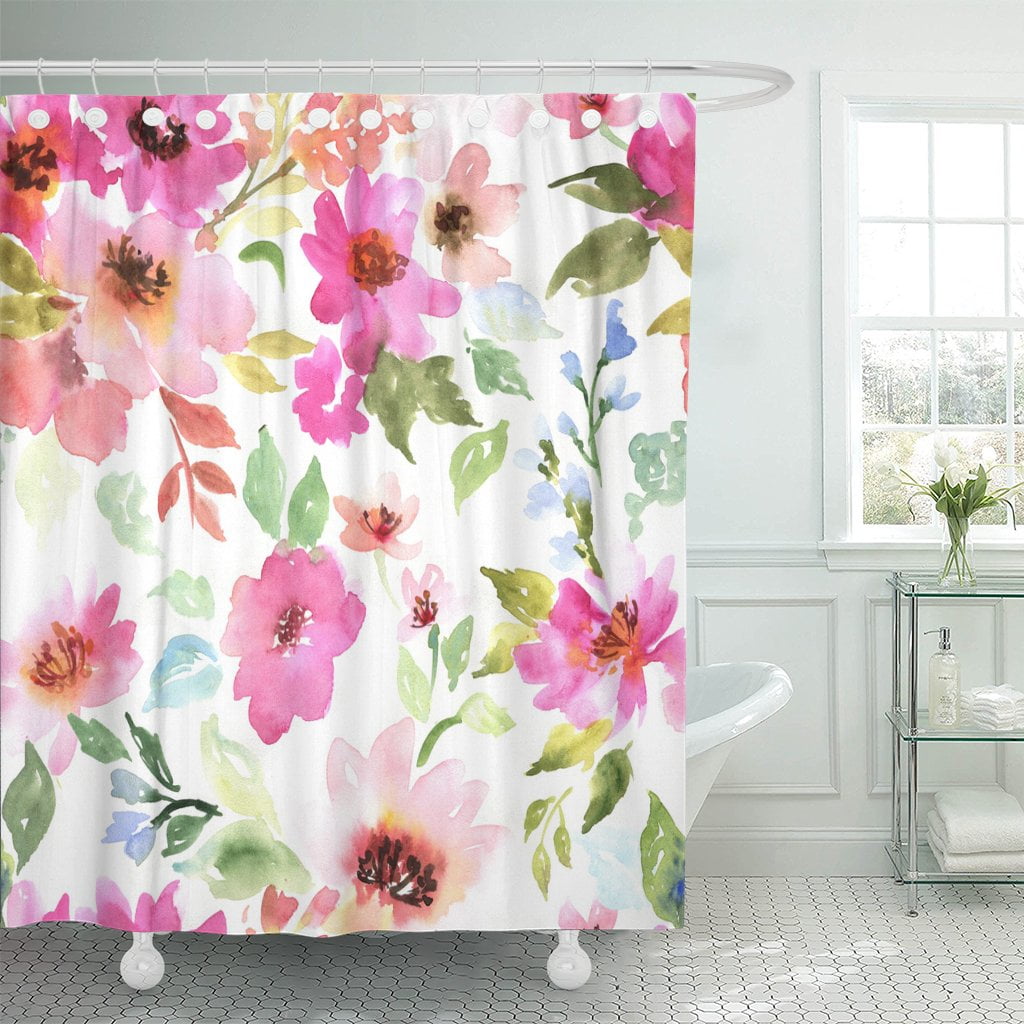 Watercolor Green Leaf Purple Flower Butterfly Shower Curtain For Bathroom Decor 