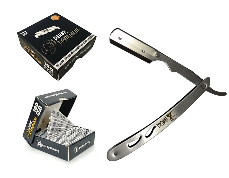 Classic Samurai CS-102 Stainless Steel Professional Barber Straight Edge Razor with 100 Derby Premium Razor Blades