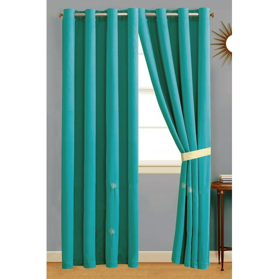 4-Pc Ariel Coral Reef Embroidery Curtain Set Turquoise Blue Off-White Ivory Drape Sheer Liner