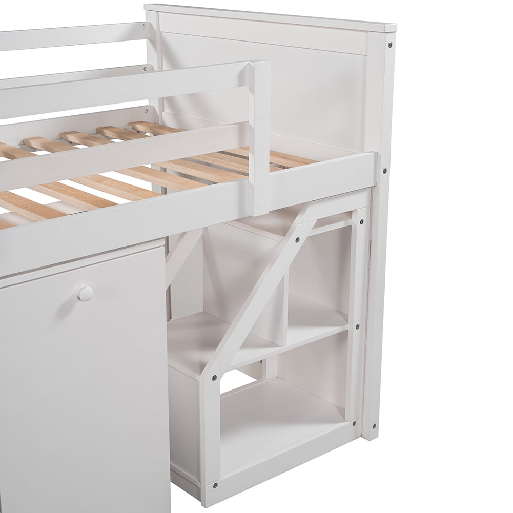 Kepooman Solid Hardwood Twin Size Loft Bed, Modern Bunk Bed With Storage Steps and Portable Desk, White Kepooman Solid Hardwood Twin Size Loft Bed, Modern Bunk Bed With Storage Steps and Portable Desk, White