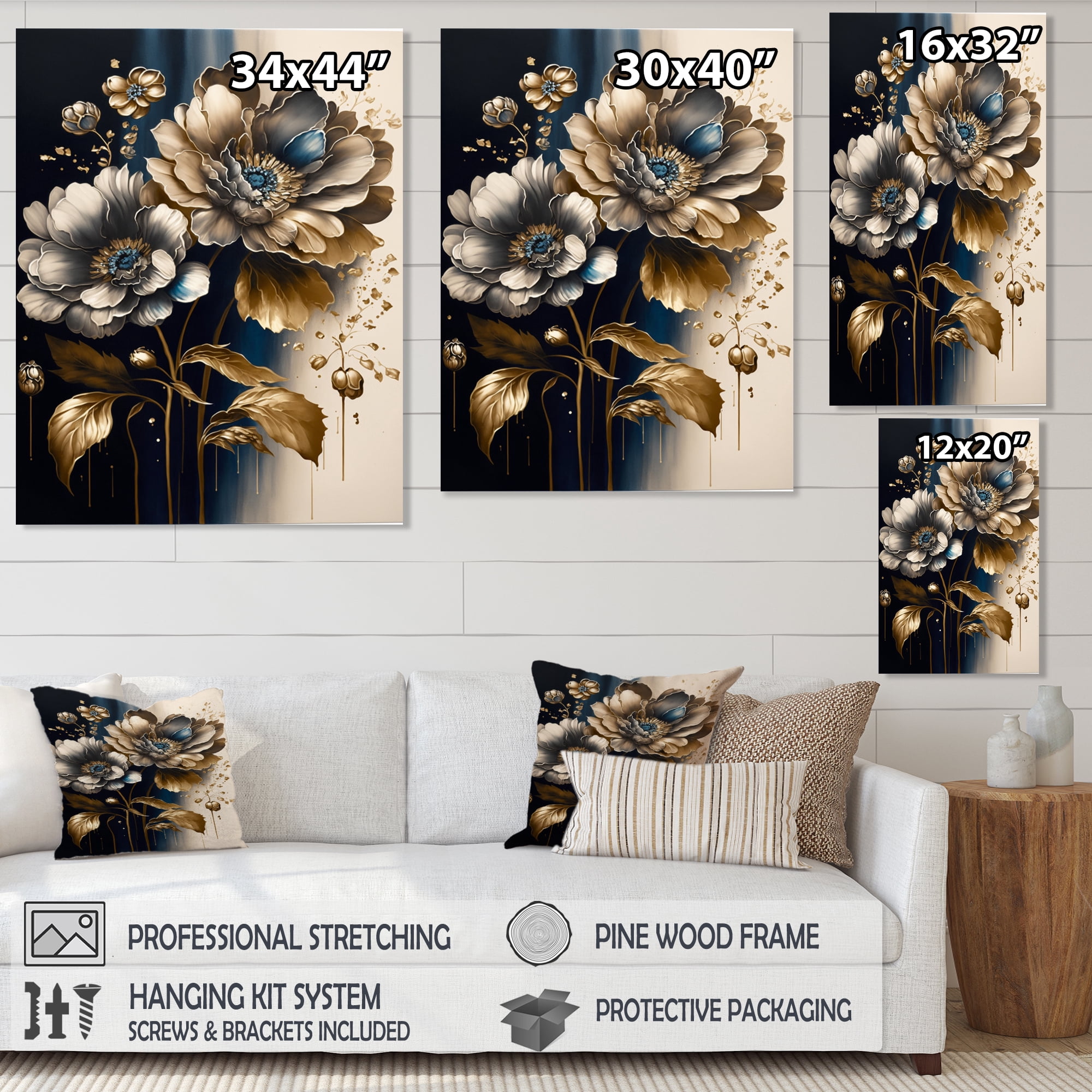 Designart Blue And Gold Zinnia Flowers I Canvas Wall Art