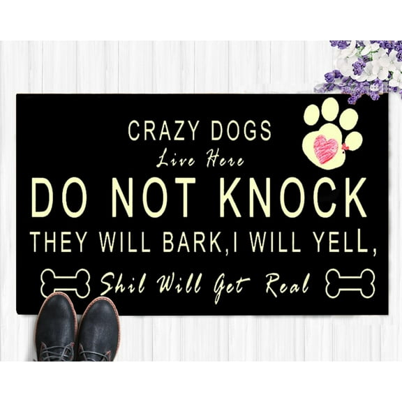 Crazy Dogs Live Here Do Not Knock They Will Bark Mats for Front Door Entry Front Porch Doormat Non-Slip Carpet Rugs Floor Mat Decorative for Home Bathroom Kitchen Indoor 16x24 Inch