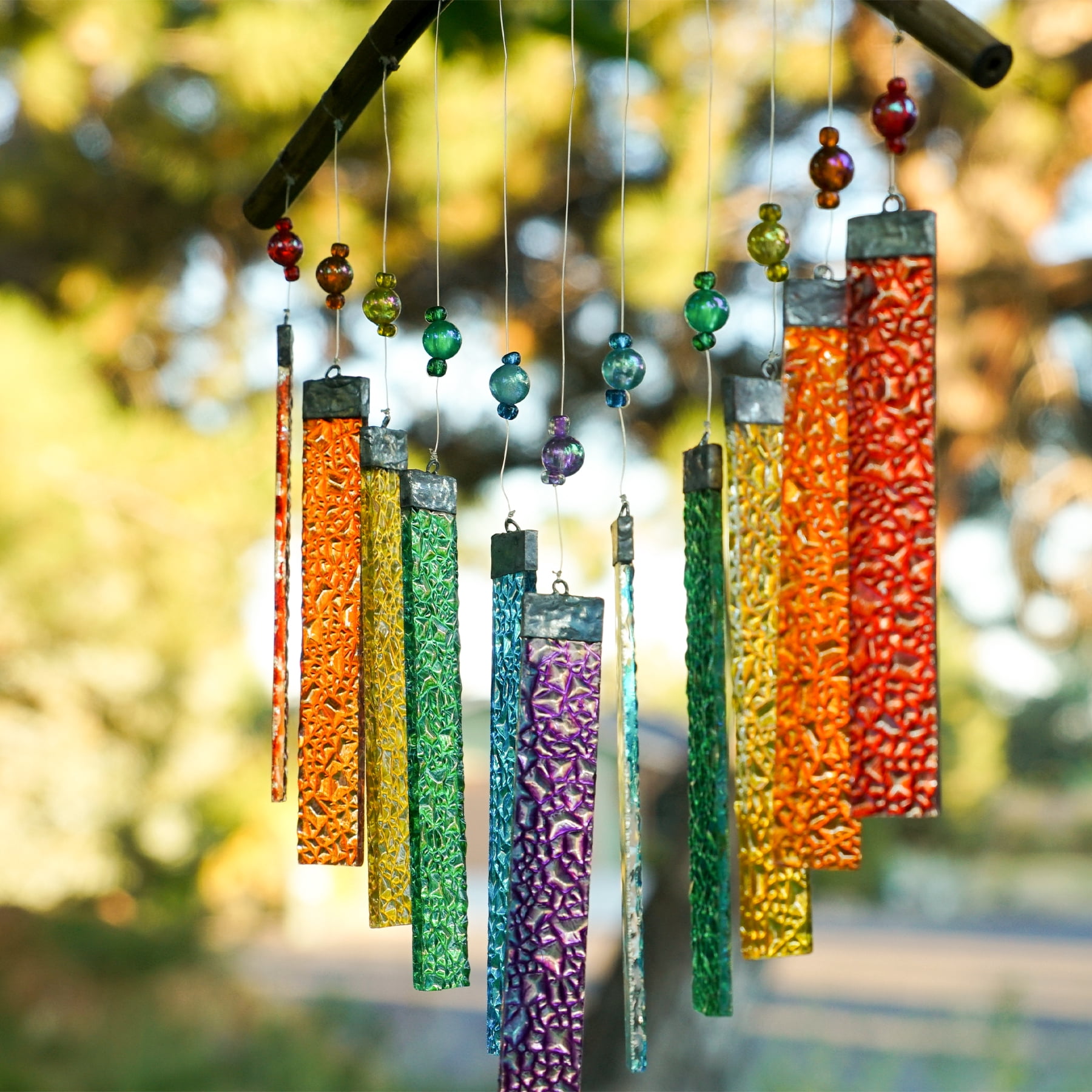 In the Breeze 7025 — Rainbow Textured Glass Mobile Wind Chime — Colorful and Melodic Stamped Glass Chime for Porches and Patios