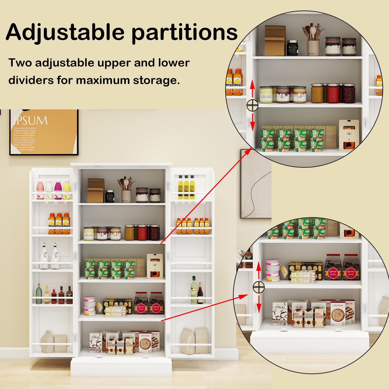 Pantry Cabinet, UHOMEPRO Kitchen Storage Cabinet with LED Light & Adjustable Shelves, 2 Barn Doors & 10 Door Shelves, Farmhouse Freestanding Food Pantry Cupboard for Dining Room Entryway, White