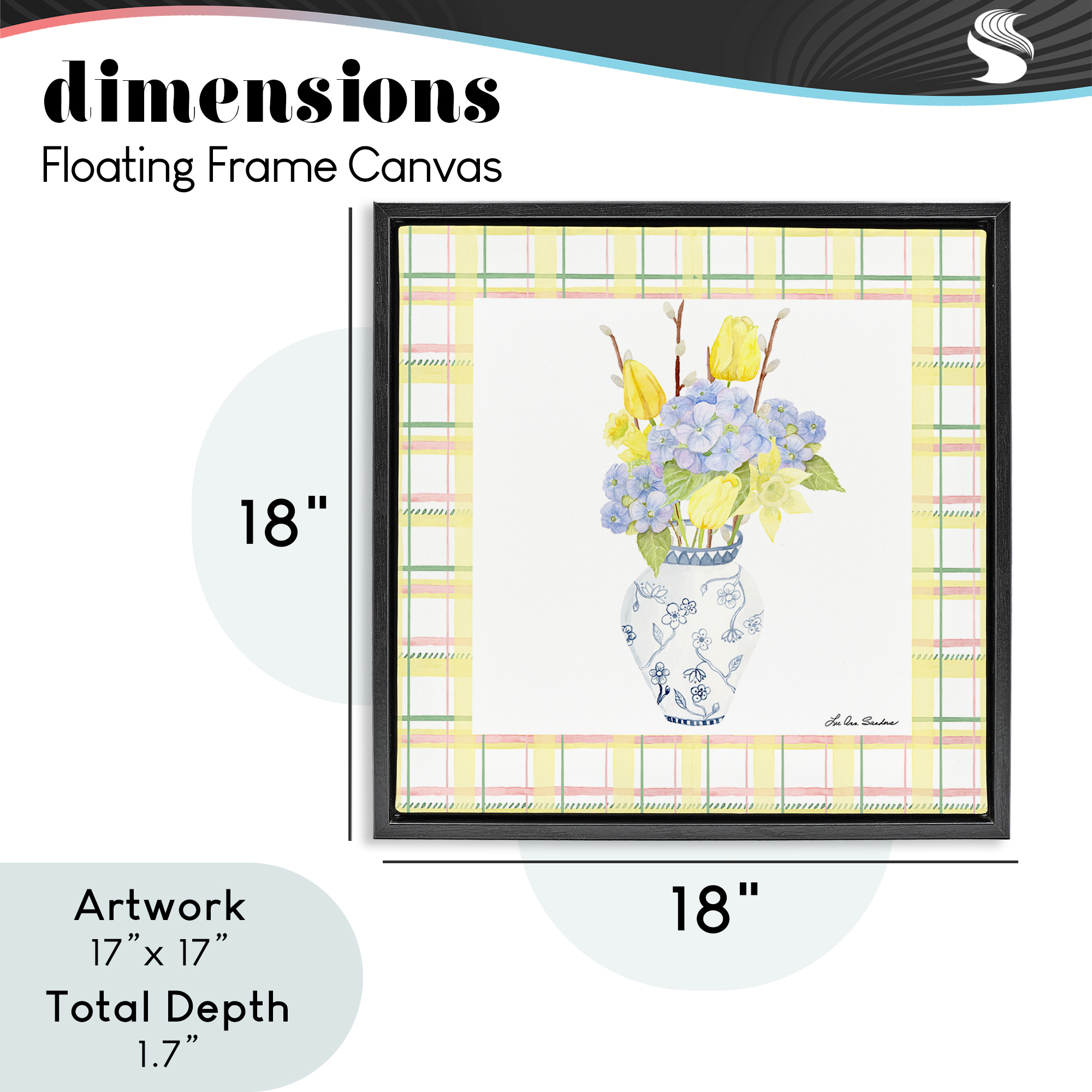 Spring Vase on Yellow Plaid Black Framed Floater Canvas Wall Art, design by Lee Ann Sanders