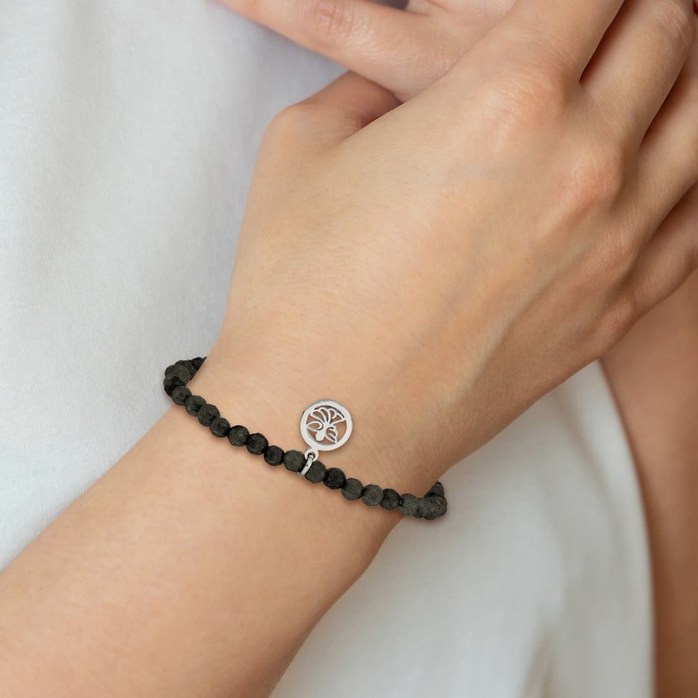 Diamond2Deal Stainless Steel Polished Angel 4mm Black Jade Beaded Stretch Bracelet for Women 6.5"