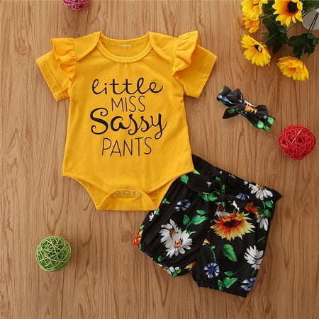 

Leutsin Newborn Infant Baby Girls Letter Romper+Sunflowers Shorts+Headbands Outfits Set