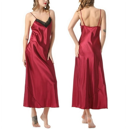 Women Satin Long Nightgown Full Slips Backless Sleepshirt Lace Trim Nightdress Maxi Camisole Nightgown Bridal Babydoll XS-L